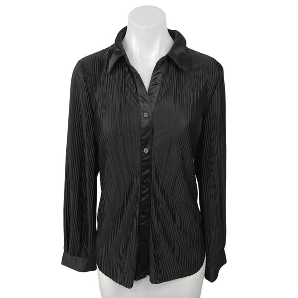 Nicole Miller Black Silk Satin Plisse Pleated Button Down Shirt Blouse Top Sz L - Picture 1 of 5